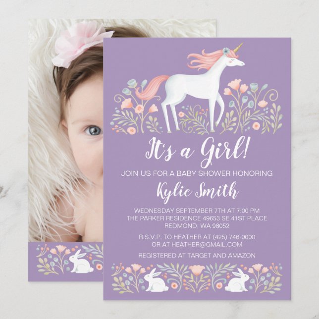 Faire-part de Baby shower floral Unicorn (Devant / Derrière)