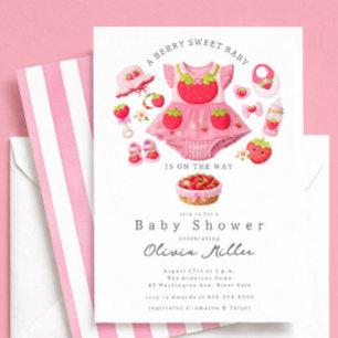 Faire-part de Baby Shower Fraise Fille Rose