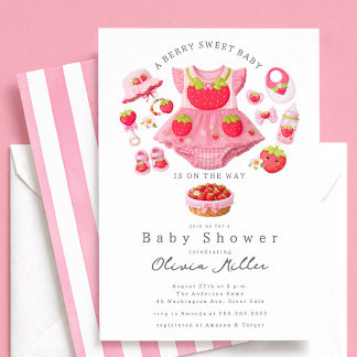 Faire-part de Baby Shower Fraise Fille Rose