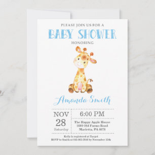 Faire-part de Baby Shower Girafe Bleu et Gris