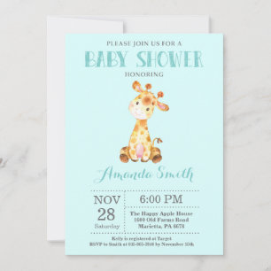 Faire-part de Baby Shower Girafeau Aqua et Gris