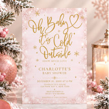 Faire-part de Baby Shower Hiver Bébé Fille Rose Or