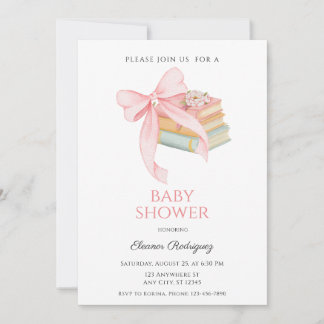 Faire-part de Baby Shower Livres à Ruban Rose pour