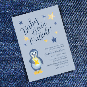 Faire-part de Baby Shower Manchot Étoile Jaune Ble