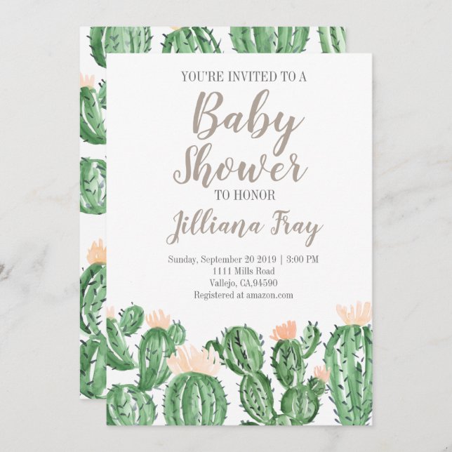 Faire-part de baby shower mignon cactus succulent (Devant / Derrière)