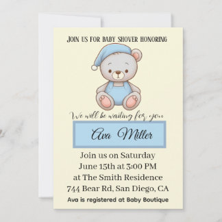 Faire-part de Baby Shower Ours en Peluche Bleu |