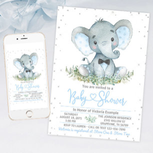 Faire-part de Baby Shower pailleté avec un éléphan