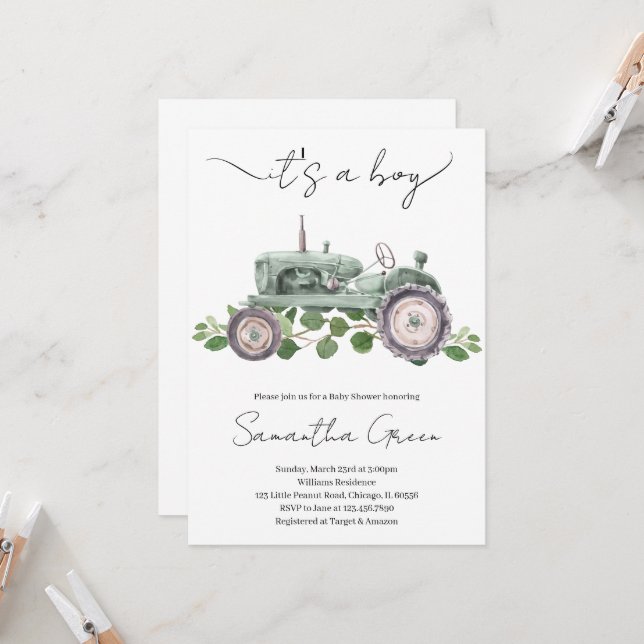 Faire-part de Baby Shower pour Bébé Tracteur C'est (Devant/Arrière en situation)