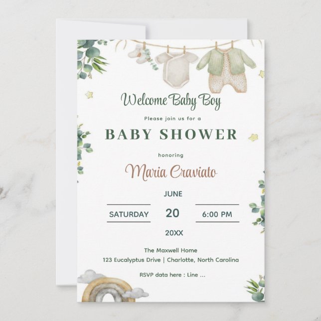 Faire-part de Baby Shower pour Garçon au thème Euc (Devant)