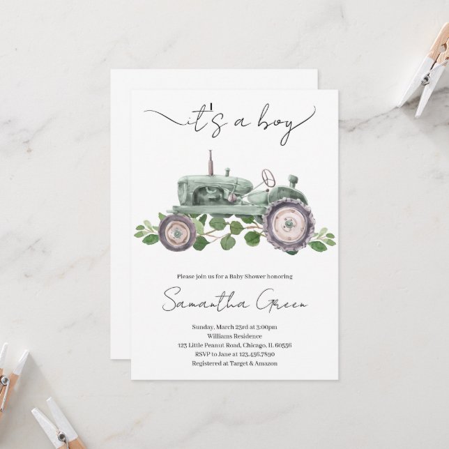 Faire-part de Baby Shower pour Tracteur C'est un G (Devant/Arrière en situation)