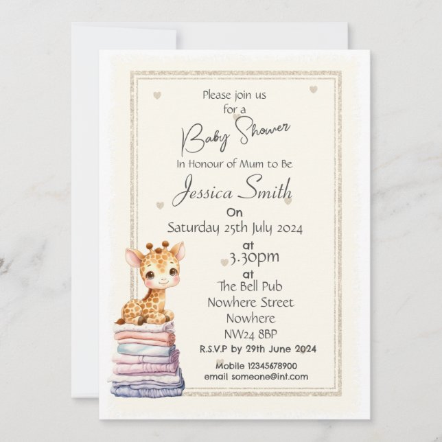 Faire-part de Baby Shower pour un adorable girafea (Devant)