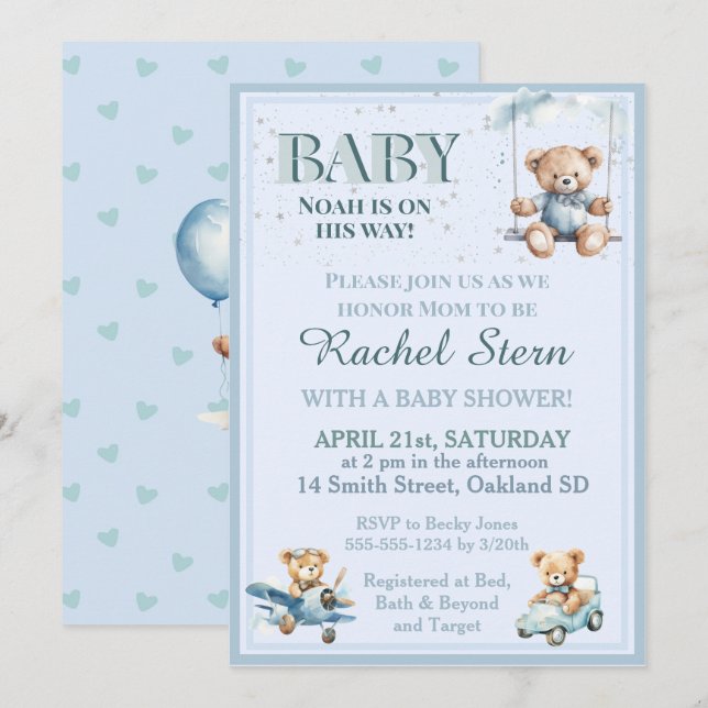 Faire-part de Baby Shower pour un Ourson en Peluch (Devant / Derrière)