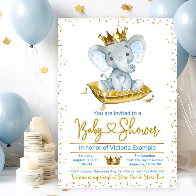 Faire-part de Baby Shower Prince Éléphant Garçon (Boy elephant prince baby shower invitation. Baby blue and gold baby shower invitation.)