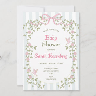 Faire-part de Baby Shower Rose Floral et Ruban à l