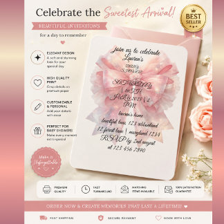 Faire-part de Baby Shower Rose Luxueux avec Nœud |