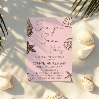Faire-part de Baby Shower Rose Pâle Plage À Bientô
