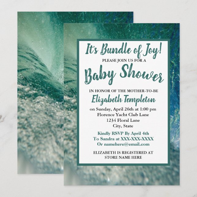 Faire-part de Baby Shower sur le thème de la vague (Devant / Derrière)