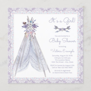 Faire-part de Baby Shower TeePee Fille Lace Lavand