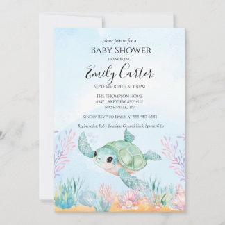 Faire-part de Baby Shower Tortue de Mer - Rose