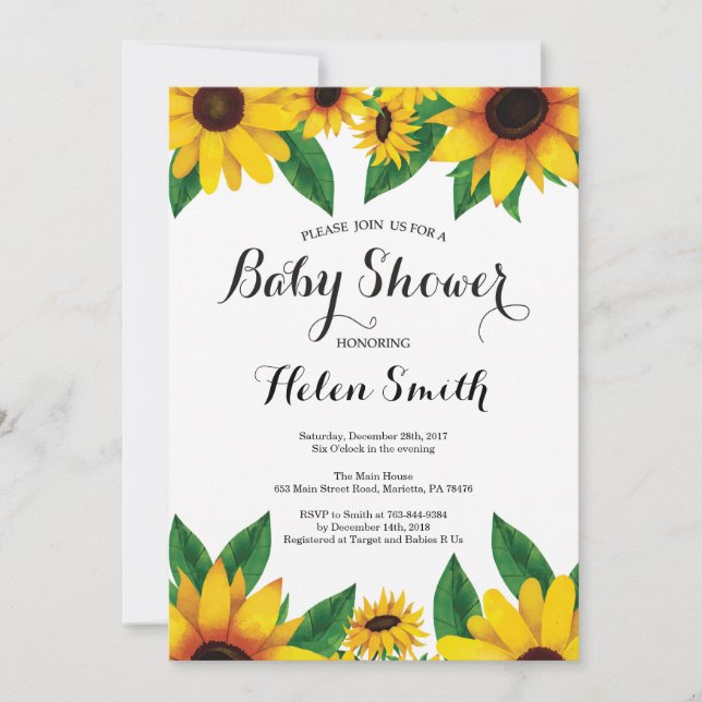 Faire-part de Baby Shower Tournesols (Devant)