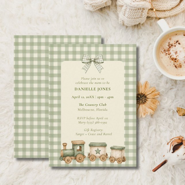 Faire-part de Baby Shower Train Gingham Vert (Green Gingham Train Baby Shower Invitation)