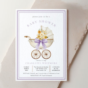 Faire-part de Baby Shower Vintage Poussette Fleurs