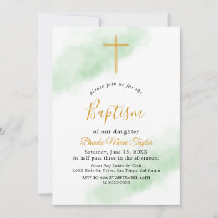 Faire-part de baptême à l'aquarelle vert et or
