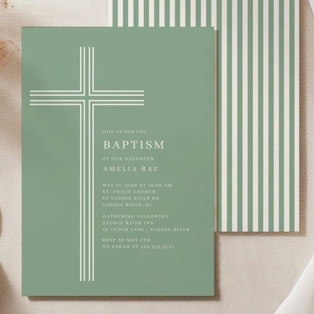 Faire-part de baptême à rayures sauge et croix  (Créateur téléchargé)