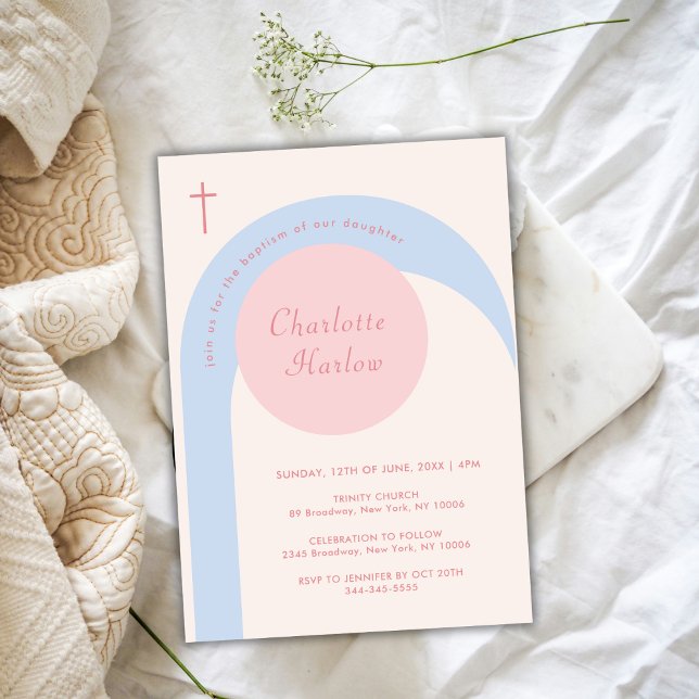 Faire-part de baptême Arche Bohème Rose Bleu Beige (Modern Pink Blue Beige Boho Arch Cross Baptism Invitation)