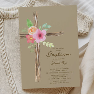 Faire-part de baptême avec croix rustique florale