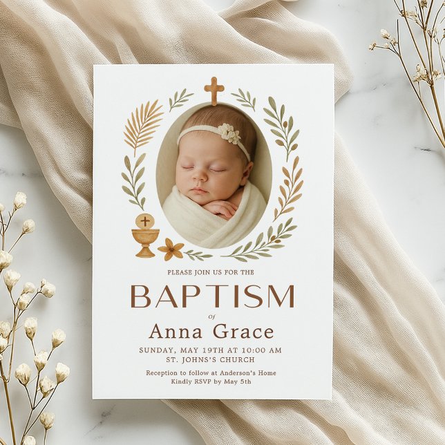 Faire-part de baptême bohème pour bébé  (Baptism invitation with a peaceful baby and elegant gold cross design)