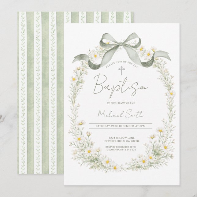 Faire-part de baptême croix marguerite vert sauge (Devant / Derrière)
