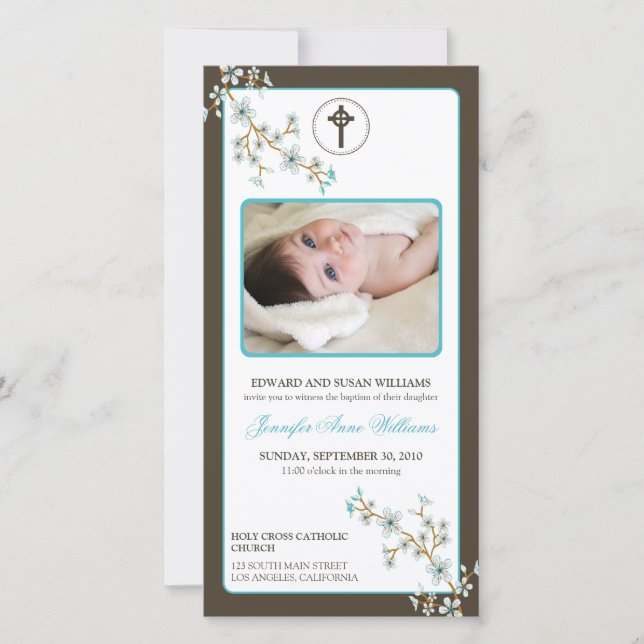 Faire-part de baptême de fleurs de cerisiers (aqua (Devant)