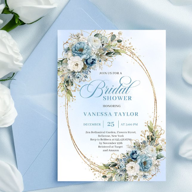 Faire-part de bapteme de mariage Cadre en or bleu  (Refined Dusty Blue Gold Frame Bridal Shower Invitation)