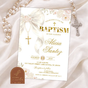 Faire-part de baptême du rosaire Coquette à arc en