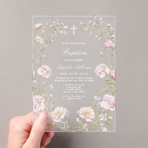 Faire-part de baptême en acrylique cadre floral ro