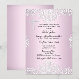 Faire-part de baptême en soie damassée rose et bla