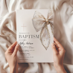 Faire-part de baptême fille à ruban blanc