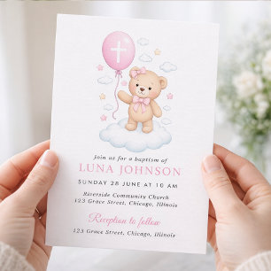 Faire-part de baptême fille ourson rose