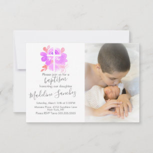 Faire-part de baptême floral aquarelle rose bébé 