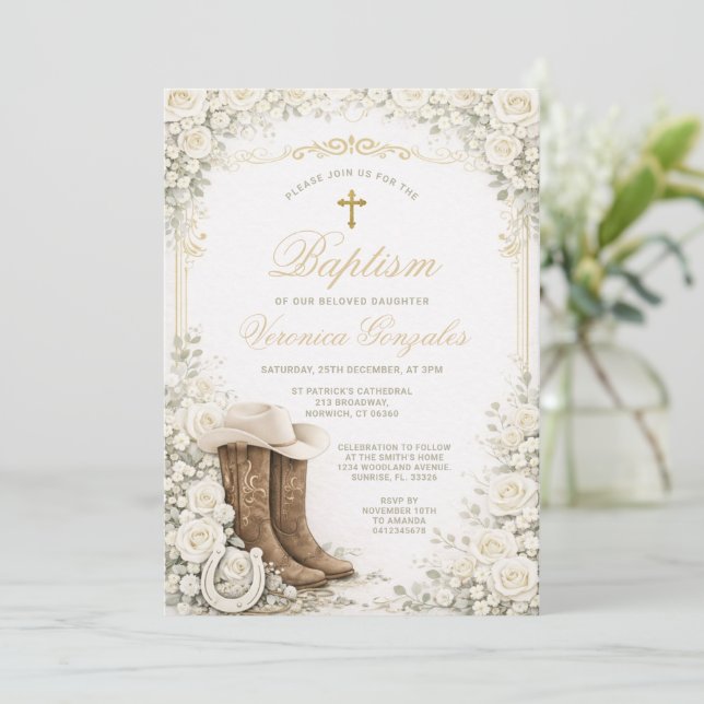 Faire-part de baptême floral blanc avec bottes de  (Debout devant)