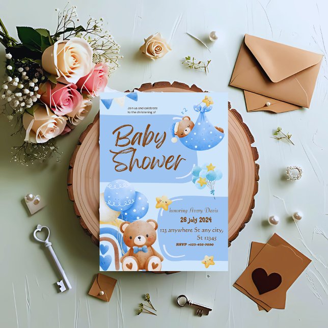 Faire-part de baptême floral bleu et blanc (Créateur téléchargé)