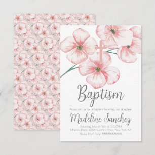 Faire-part de baptême floral rose de printemps aqu