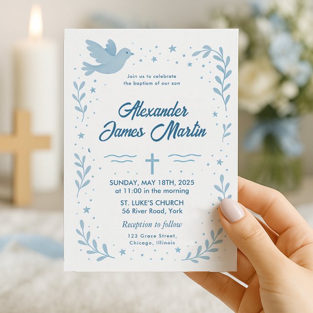 Faire-part de baptême personnalisé avec colombe et (baptism-invitation-blue-dove-stars

)
