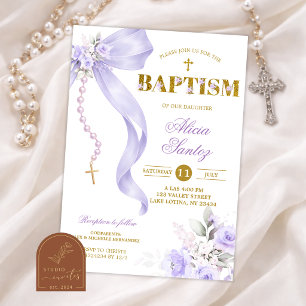 Faire-part de baptême Rosaire Coquette Ruban Viole