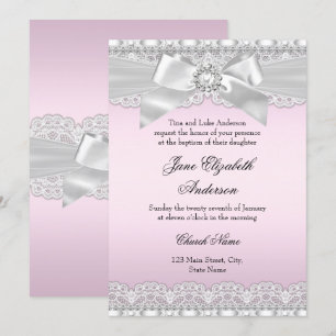 Faire-part de baptême rose Bow Diamond Lace