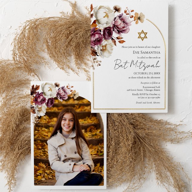 Faire-Part de Bat Mitzvah Floral d'Automne Bourgog (Créateur téléchargé)