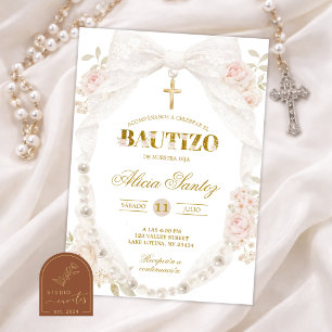 Faire-part de Bautizo avec ruban en dentelle ivoir