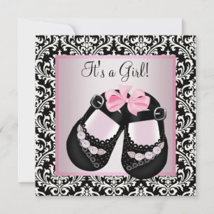 Faire-part de Bébé Fille Chaussures en Damassé Ros
