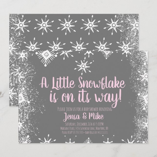 Faire-part de Bébé Flocons de Neige Rose Script Ro (Devant / Derrière)